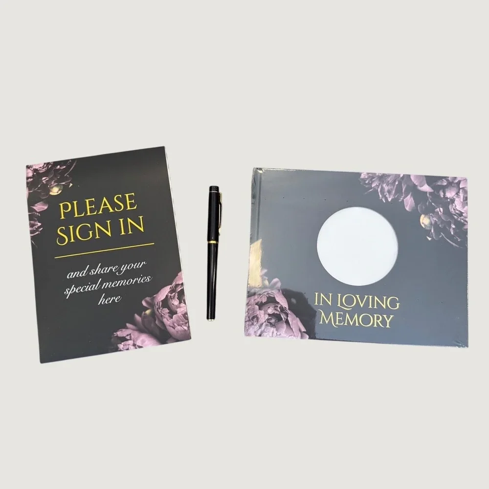 Funeral Guest Book Set with Pen Sign In Card Floral Memorial Celebration Life